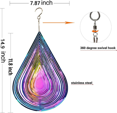Wind Spinner Outdoor Metal 3D Wind Spinner Hanging Yard Garden Decor Gifts Stainless Steel Water Drop-Shaped Spinners with 360° Rotating Hook...