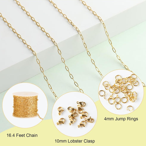 SMYHTGLIF 5 Meters Stainless Steel Paper Clip Chain for Jewelry Making Gold Cable DIY Craft Jewelry Making Chains Bulk with Lobster Clasps and Ope...
