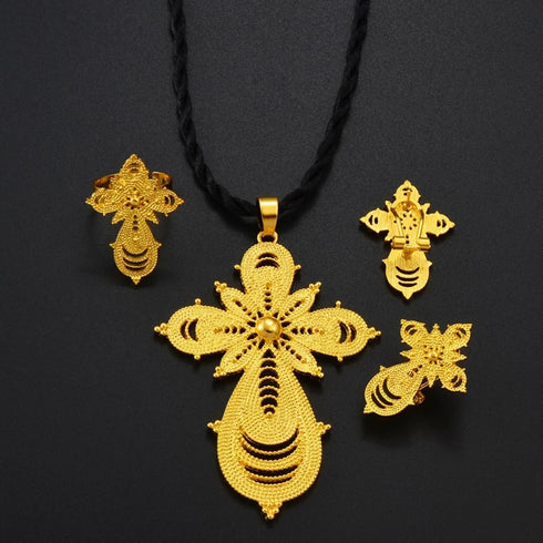 Ethiopian Jewelry Sets Cross Pendant Necklaces Earrings Rings African Eritrean Wedding Accessories, Ethiopia Eritrea Ethnic Jewelry Sets with Cros...