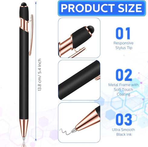 12 Pieces Ballpoint Pen with Stylus Tip, 1.0 mm Black Ink Metal Pen Stylus Pen for Touch Screens, 2 in 1 Stylus Ballpoint Pen (Black and Rose Gold...