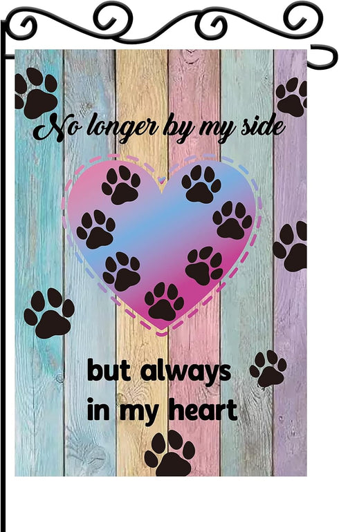No Longer By My Side But Always In My Heart Garden Flag - Paw Print Coloful Wooden Board Garden Banner - Pet Memory Lawn Sign Yard Flag - Dog Cat ...