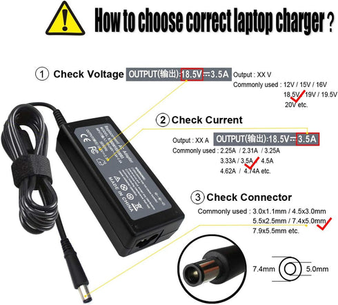 18.5V 3.5A 65W AC Adapter Charger Compatible with HP Pavilion G4 G6 G7 G32 G42 G56 G60 G61 G62 G71 G72 DV3 DV4 DV5 DV6 DV7 DM4 M6 M7 Series Compaq...