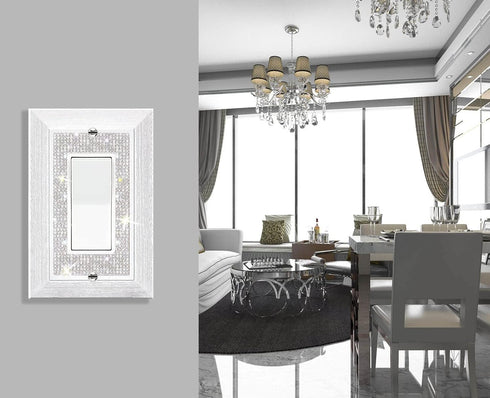 Light Switch Cover Bling, 2023 Glitter Cute Switch Plate Covers,Silver Rhinestones White Texture Electrical Outlet Covers Wall Plate Decorative,Wa...