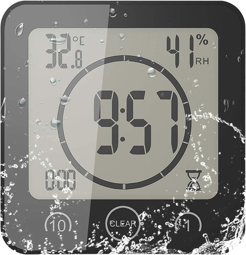 Shower Clock Waterproof Wall Clock Bathroom Clock Sunsbell Shower Cock Digital Temperature Humidity Display with Suction Cup, Touch Screen Timer for Kitchen Bathroom