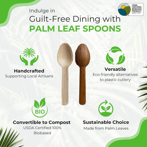 Palm Leaf Spoons 6 Inches (50 Count) | Bamboo Spoons like Natural Eco-friendly Compostable Disposable Cutlery Alternative to Plastic Spoons for We...