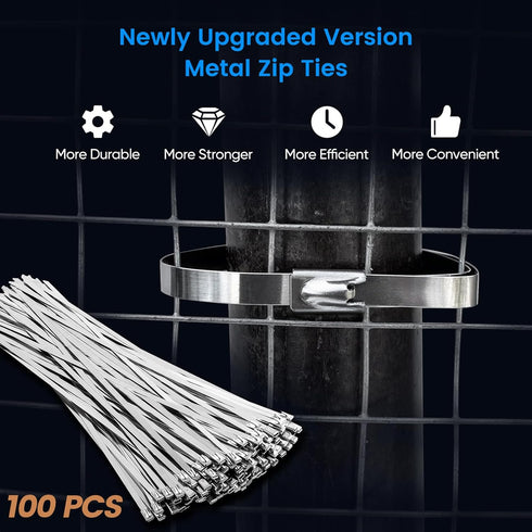 Metal Zip Ties,100 Pcs 11.8 Inch,304 Stainless Steel Zip Ties Multi-purpose Metal Cable Ties-Suitable for Outdoor Chain Link Fence and Exhaust Wra...