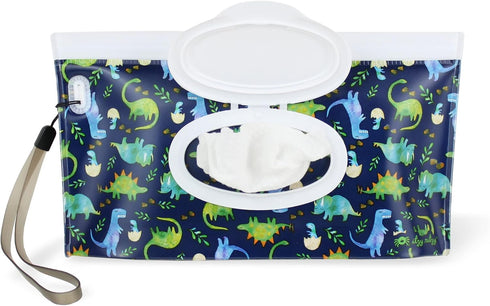 Itzy Ritzy Travel Wipes Case - Reusable Wipe Pouch – Take & Travel Pouch Holds Up to 30 Wet Wipes, Includes Silicone Wristlet Strap, Raining Dinos...