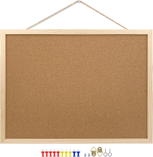 Cork Board Bulletin Board, 17.7"X 13.3" pin Boards for Walls, Oak Wood Finish Frame, Wall Mounted Cork Board for Office Home and School(Pins, Eye ...