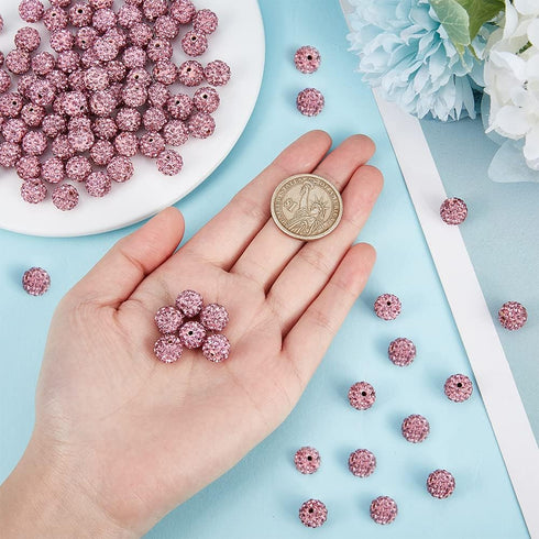 PandaHall 100pcs Pink Rhinestone Beads - 10mm Pink Clay Polymer Crystal Disco Ball Round Diamond Clay Beads for Necklace & Bracelet DIY Crafts...