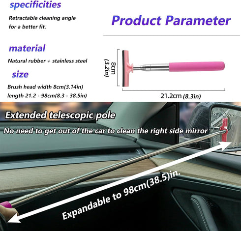 Car Rearview Mirror Wiper, 8cm Brush head-98cm Telescopic Auto Mirror Squeegee, Water Cleaner with Telescopic Long Rod, Universal Automotive Acces...