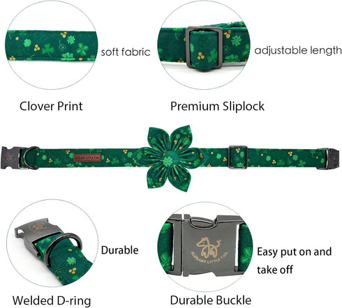 Elegant little tail St. Patrick's Day Dog Collar with Flower, Dog Collar Flowers Green Clover Girl Dog Collar Pet Gift Adjustable Dog Collar for S...
