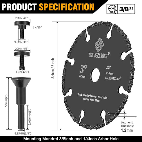 3 Inch Cut Off Wheel with 1/4" Mandrel Adapter for Die Grinder, 3/8" arbor Tungsten Carbide Blade Cutting Wheel for Drill, for Wood/Nails/Plastic/...