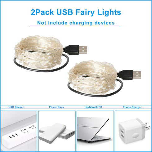 Blingstar USB Powered Fairy Lights, 2 Pack 33Ft 100 LED, Flexible Silver Wire, Mini String Lights for Indoor Christmas Tree/Halloween/Bedroom/Dorm...