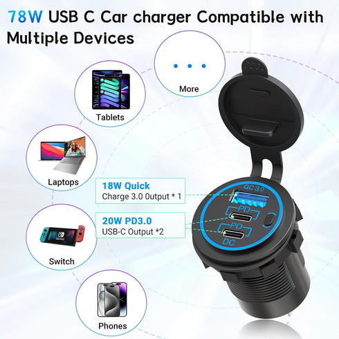 Cigarette Lighter Socket Qidoe 12V Splitter Panel 78W 12V USB Outlet Dual USB C PD&QC3.0 Car Charger Socket ON/Off Switch Waterproof 300W Power Ci...