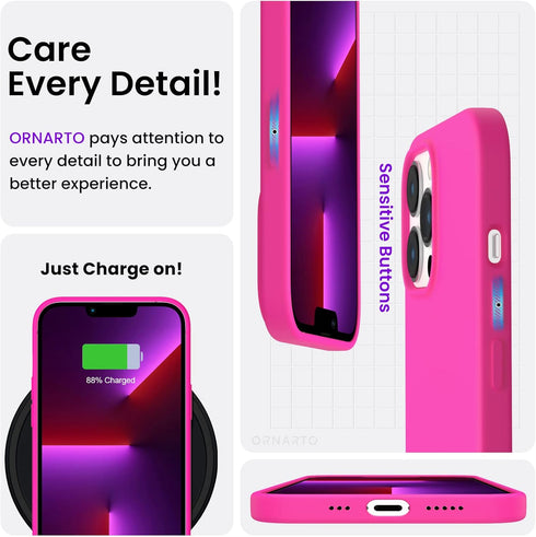 ORNARTO Compatible with iPhone 13 Pro Case 6.1, Slim Liquid Silicone 3 Layers Full Covered Soft Gel Rubber Case Cover 6.1 inch-Hot Pink...