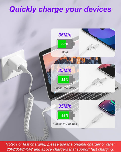 Coiled USB C to USB C and Lightning Cable 2 in 1 - PD 60W Fast Charging & Data Sync USB C Multi Charging Cable Support Apple CarPlay & Android Aut...