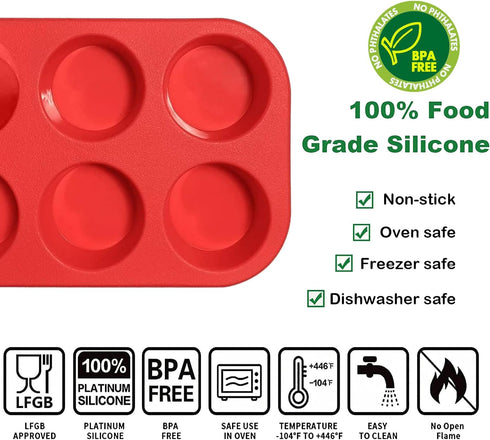 2-Pack Silicone Muffin Pan | 6-Cup Non-Stick Chocolate Cookie Molds | BPA-Free, Food-Grade Silicone | Oven, Microwave, Dishwasher Safe | Perfect f...