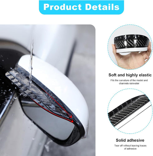 2 PCS Car Rear View Mirror Rain Visor Guard, Carbon Fiber Automotive Rear View Side Mirror Rain Eyebrow, Universal Vehicle Side View Mirror Rain C...