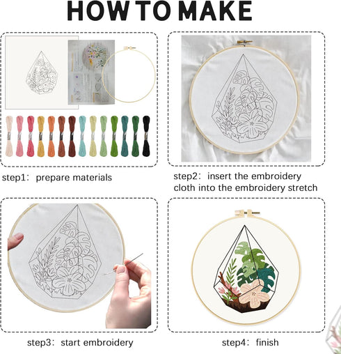 INFUNLY 4pcs Plant Embroidery Starter Kit for Beginners Cactus Cross Stitch Kits for Adults Vase Flower Stamped Stitches Embroidery Sewing Kit wit...