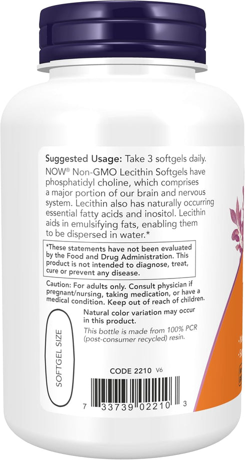 NOW Supplements, Lecithin 1200 mg with naturally occurring Phosphatidyl Choline, 100 Softgels...