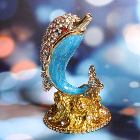 Waltz&F White diamond dolphin Hand Painted Enameled Decorative Hinged Jewelry Animal Trinket Box Unique Gift For Home Decor...