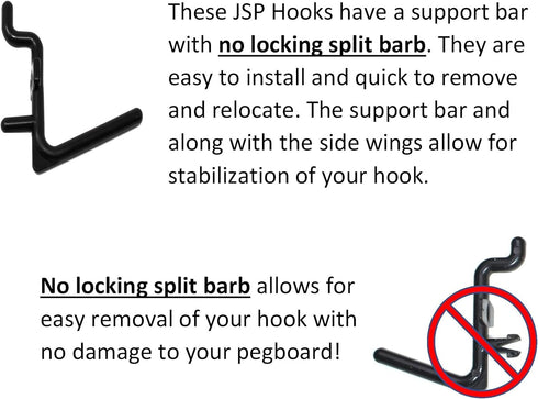 JSP Manufacturing Pegboard Hooks Non-Locking Plastic L Style Hook | Garage Tool Storage Craft Hooks Pegboard Accessories (100, Black)...