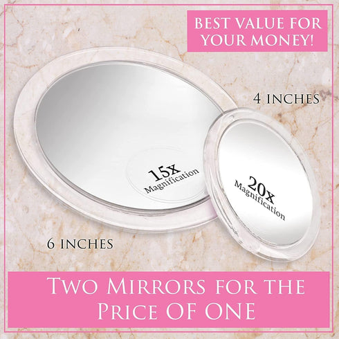 MIRRORVANA 20X & 15X Magnifying Mirror Set with 3 Suction Cups Each - Compact & Travel Ready Mirror for Makeup - Sizes: 6" and 4" Wide...