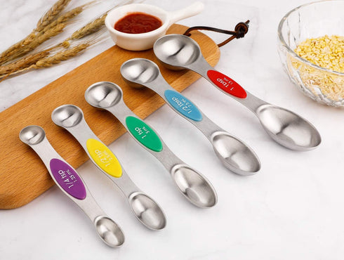 Magnetic Measuring Spoons Set of 5 Stainless Steel Dual Sided Stackable Teaspoon for Measuring Dry and Liquid Ingredients (Color)...