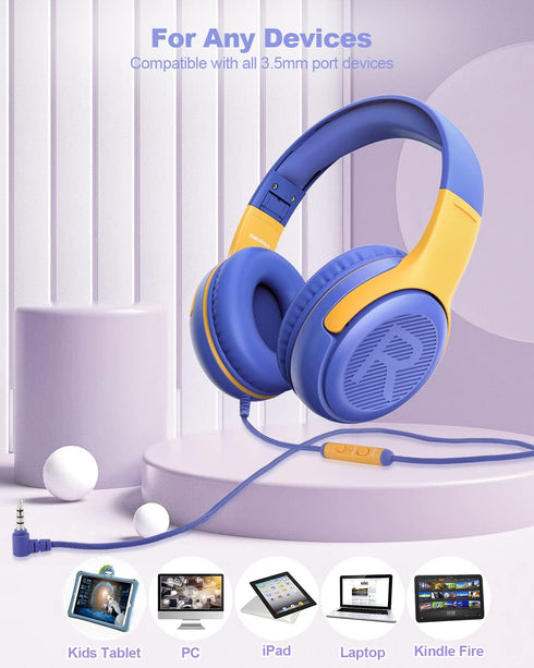 Kids Headphones Wired with Microphone for ipad Computer Laptop for Boys Girls Volume Limit Foldable Over Ear Headset for School 3.5mm Jack......