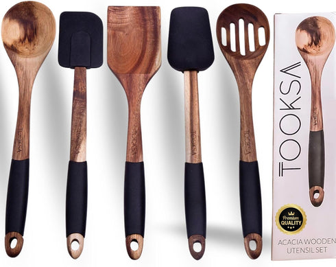 TOOKSA- Premium 5 Piece Acacia Multi-Toned Light and Dark Wooden Spoon, Turner and Spatula Utensil Set with Silicone, Rubber, Non-Slip Handles (Bl...