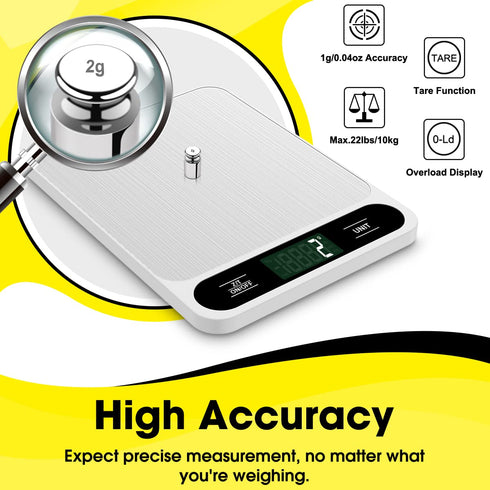 Food Scale White, 22lb/10kg Digital Kitchen Scale Grams and oz for Baking Cooking and Weight Loss, 1g/0.04oz Precise Graduation, Easy Clean Stainl...