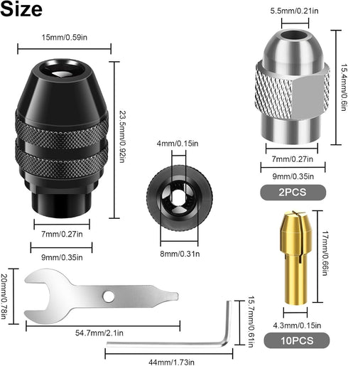 SUNJOYCO Drill Chuck Collet Set, 15 Pcs 1/32 "to 1/8" Replacement Brass Collet with Keyless Drill Chuck Rotary Drill Nut Tool Set...