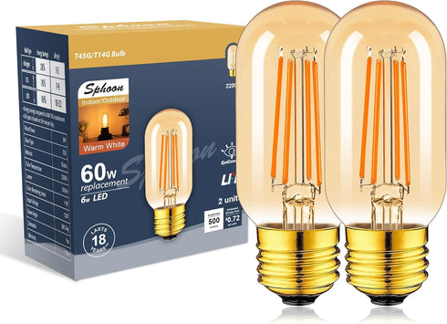 Amber Light Bulb,Dimmable Tubular led Bulb, T45 edison LED Bulbs, 60W Equivalent, 6W 500lm, 2200K Warm White, LED Filament Bulbs with 80+ CRI, Pac...