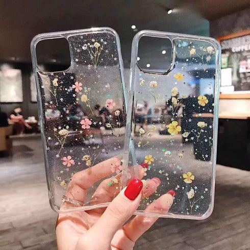 YTanazing Flowers for iPhone 12/12 Pro Cute Case Real Flower Glitter Floral Design Slim Shockproof Soft Flexible Clear TPU Back Phone Cove for iPh...