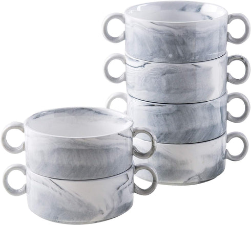 Yundu 9 Ounce Bowls with Handles,Ceramic Bowl for Soup, Souffle, Cereal, Stew, Chill, Ramekins, Set of 6, Grey Marble...