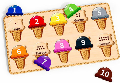 Wooden Puzzles for Toddlers,Montessori Toys,Preschool Learning Activities,Peg Puzzle with Ice Cream Shape and Color Number Matching Educational To...