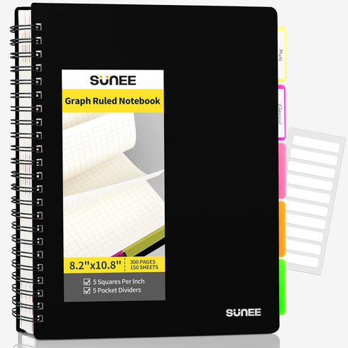 SUNEE Graph Paper Notebook - 300 Pages, 5 Subject, 8.2"x10.8", 5 x 5mm Grid, 5 Pocket Colored Dividers, 3-Hole Punched Quad Paper for Math, Engine...