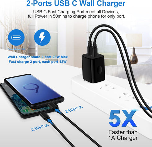 A15 A55 Samsung Charger Block 25W USB C Android Wall Charger Box 2 Port Super Fast Dual Charging Plug Power Adapter for Samsung Galaxy S24 Ultra S...