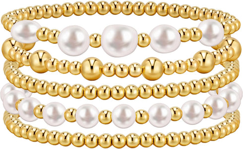 adoyi Gold Bracelets for Women Beaded Bracelet 14K Gold Plated Bracelet Stack Strand Stretch Bead Ball Bracelet Set Stackable Bracelet Adjustable ...