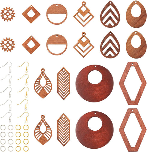 FASHEWELRY 20Pcs Wood Dangle Earrings Making Kit DIY Bohemian Earring Boho Charms Teardrop Rhombus Wooden Earring Blanks with Hooks & Jump Rings f...