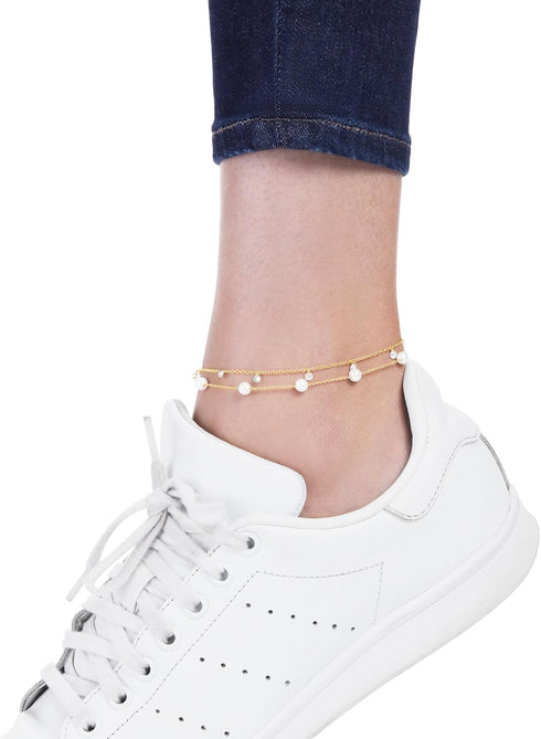 Amazon Essentials Plated Pearl and Cubic Zirconia Dangle Anklet Set...