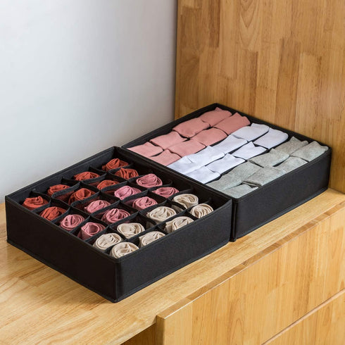 Qozary 2 Pack Socks Underwear Drawer Organizer Divider, 24 Cell or 16 Cell Collapsible Cabinet Closet Organizer Storage Boxes for Clothes, Socks, ...