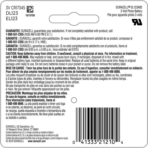 Duracell CR123A 3V Lithium Battery, 2 Count Pack, 123 3 Volt High Power Lithium Battery, Long-Lasting for Home Safety and Security Devices, High-I...