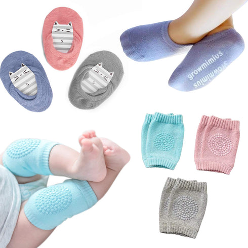 BOSONER Baby Crawling Anti-Slip Knee and Socks for Boys And Girls Best Infant Gift, Unisex Baby Toddlers Kneepads (Blue Pink Grey) 6-24 Months...