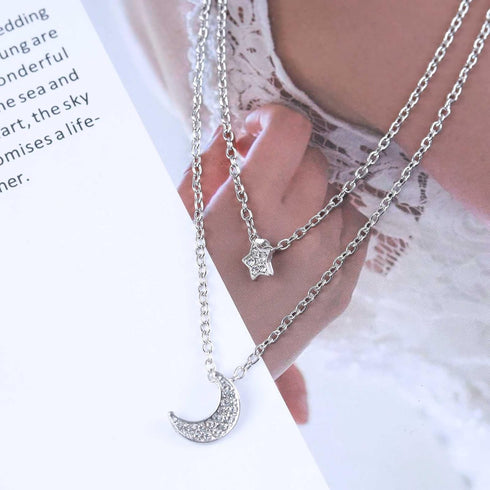 Bohemian Layered Crystal Star Moon Necklace Rhinestone Star Moon Pendant Necklace Silver Crescent Moon Choker Necklace Paved Cz Star Necklace Jewe...
