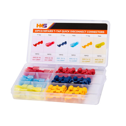 HKS 60PCS/30 Pairs T-TAP Wire Connector - Quick Splice Disconnect - Electrical Self-Stripping Terminals Kit Automotive Crimp Insulated...