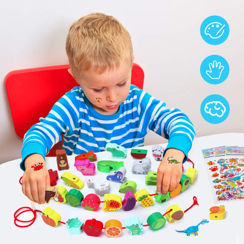 Montessori Educational Wooden Lacing Beads Toys for Toddler 3 4 5 Year Old, Farm Animals Fruits Vegetables Threading Toys Preschool Stringing Fine...