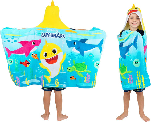 Franco Baby Shark Bath/Pool/Beach Soft Cotton Terry Hooded Towel Wrap, 24 in x 50 in, Kids...