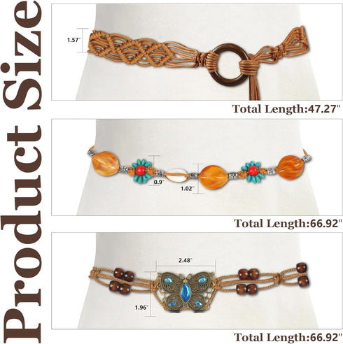 Women's Bohemian Style Braid Belt, Woven Waist Belt for Dress - 3Pcs...