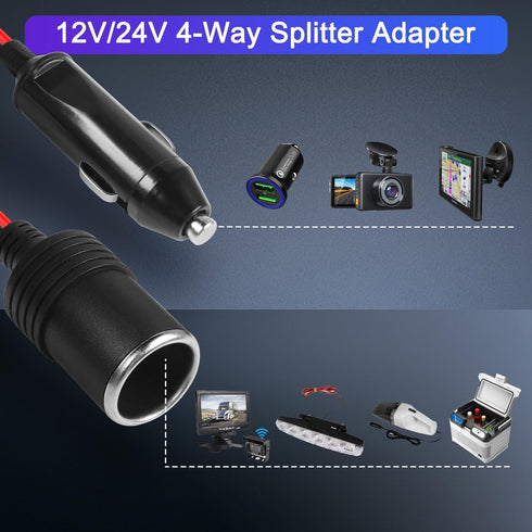 1 to 4 Car Cigarette Lighter 12v 24v Power Charger Adapter 4 Way Socket Car Cigarette Lighter Splitter Extension Cable 13AWG with 20A Fuse- 1FT/0....
